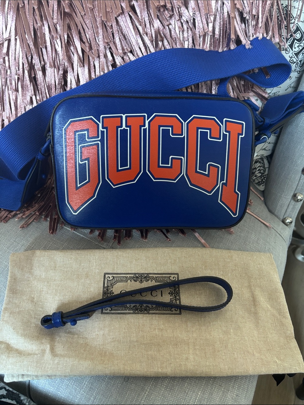 Gucci Authentic Blue Leather Bag w/Orange Logo Size H6.29" x W9.25" x D1.57" new
